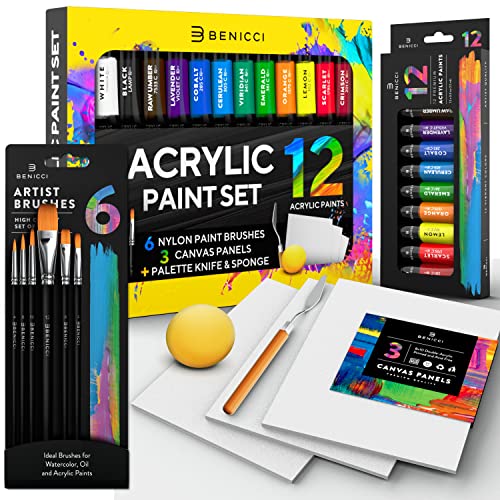 Acrylic Paint Set for Kids, Artists and Adults - 12 Vibrant Colors, 6 Brushes and 3 Paint Canvases - Perfect for Beginners or Professionals Benicci