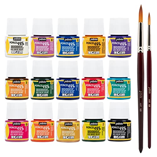 Pebeo Porcelaine 150 China Paint Set Each Package Discovery 15 Various 45 ml Paint Bottle 1.5 fl oz 2 Pieces Pebeo Taklon Synthetic Bristle Brush ZMR