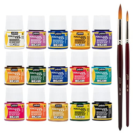 Pebeo Porcelaine 150 China Paint Set Each Package Discovery 15 Various 45 ml Paint Bottle 1.5 fl oz 2 Pieces Pebeo Taklon Synthetic Bristle Brush ZMR