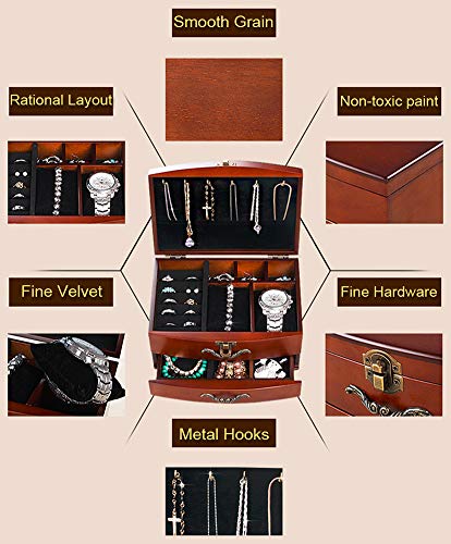 E-isata Solid Wooden Jewellery Box Jewelry Storage Box Organizer for Earring Bracelet Gift for Women Girlfriend Birthday Aniversary (Middle) E-isata