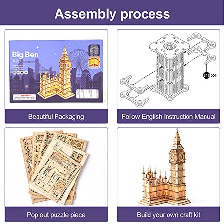 Rowood Big Ben 3D Wooden Puzzle Kit with LED for Adults and Teens Age 14+ RoWood