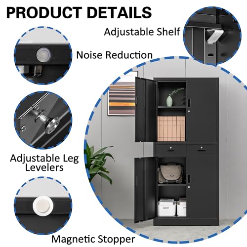 Metal Storage Cabinet，71" Garage Storage Cabinet with 2 Locking Drawer and 4 Adjustable Shelves ，Black Tool Cabinet，Lockable File Steel Cabinet for TaskStorz