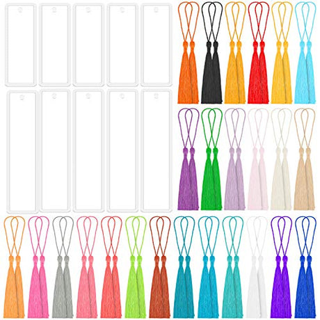 Bookmark Mold with Tassles, Caffox Bookmark Mold Kit with 100pcs Bookmark Tassels Bulk and 10pcs Rectangle Silicone Bookmark Mold for Epoxy Resin Caffox