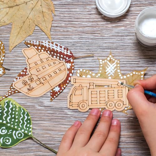 SEWACC 50pcs Truck Unfinished Wood Slices Unpainted Cutout DIY Blank Car Vehicle Bicycle Excavator Helicopter Wooden Ornaments Cutout to Paint (Mixed SEWACC