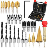 LAMPTOP 26-Pack Woodworking Chamfer Drilling Tools Including Countersink Drill Bits, 3-Pointed Countersink Drill Bit with L-Wrench, Wood Plug Cutter, LAMPTOP