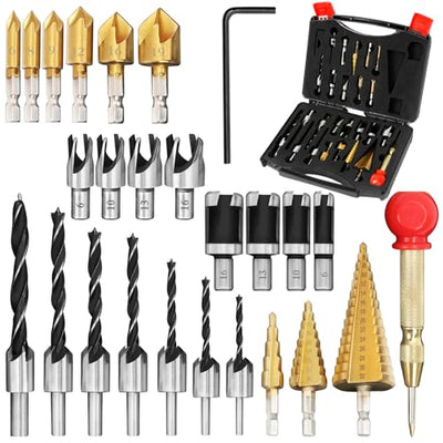 LAMPTOP 26-Pack Woodworking Chamfer Drilling Tools Including Countersink Drill Bits, 3-Pointed Countersink Drill Bit with L-Wrench, Wood Plug Cutter,