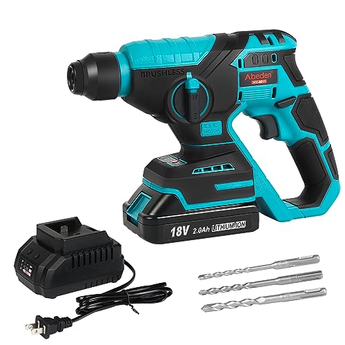 Cordless Rotary Hammer Drill Kit with 2.0Ah Lithium-Ion Battery and Charger,Brushless Motor,SDS Plus,2 Modes,3 Drill Bits,Variable Speed for Concrete