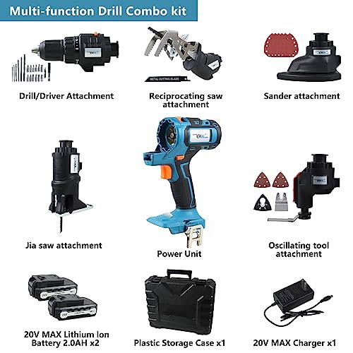 NEWONE 20V Cordless Combo Kit,5-Tool Tool Combo Kit with Case,Drill,Recip saw,Jig saw,Oscillating tool,Sander with Accessories,Two 2.0Ah Lionthium NEWONE
