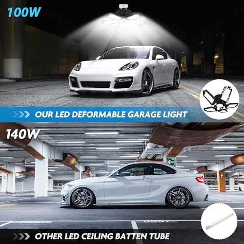 BRAINIAC LED Garage Light Bulbs, 100W 10000LM Super Bright Garage Lighting with 5 Adjustable Panels, E26/E27 Screw-in Deformable Led Garage Ceiling BRAINIAC