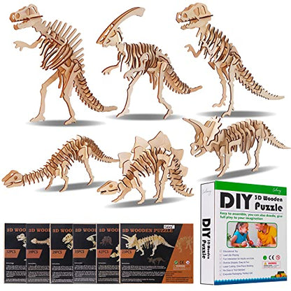 Calary 3D Wooden Dinosaur Puzzle Set – DIY Animal Assembly Model for Kids and Adults (Set of 6) - WoodArtSupply