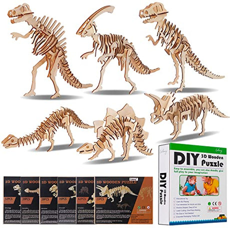 Calary 3D Wooden Dinosaur Puzzle Set – DIY Animal Assembly Model for Kids and Adults (Set of 6) calary