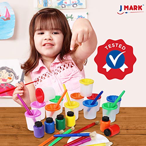 J MARK Toddler Painting Set – 32 Piece Complete Toddler Paint Set, Spill Proof Paint Cups for Kids, Washable Paint for Toddlers, Smock, Brushes and J MARK