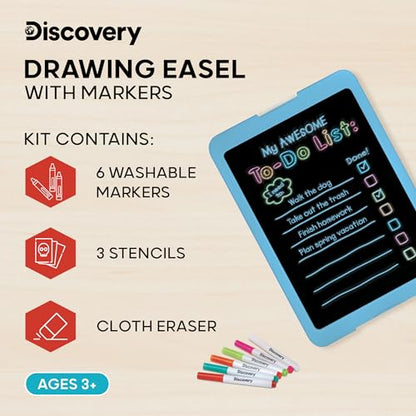 Discovery Neon Glow Drawing Easel w/ 6 Color Markers & 3 Tracing Stencils, Built-in Kickstand/Wall Mount, 5 Light Modes, Easy Clean/Washable, Wide