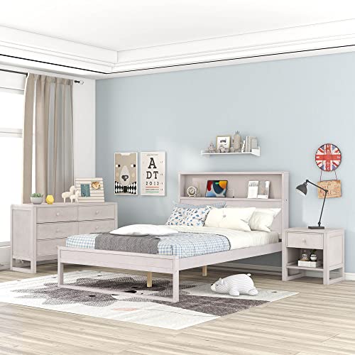 3-Pieces Bedroom Sets Full Size Platform Bed with Nightstand and Dresser, Wood Platform Bed with USB Charging Ports & Socket on The Headboard,