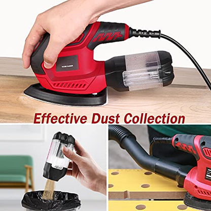 Sander, 200W Compact Electric Sander with 20Pcs Sandpapers & 2Pcs Polishing Pads, 14000 RPM, Hand Sanders with Efficient Dust Collection System for