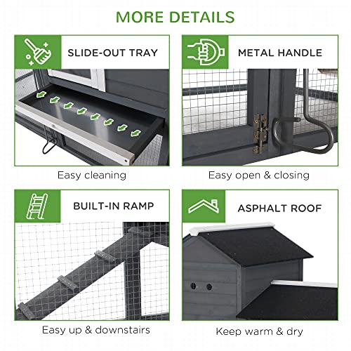 PawHut 84" Wooden Chicken Coop, Hen House Outdoor with Run Nesting Box, Asphalt Roof, Removable Tray, Ramp, Poultry Cage for 2-3 Chickens, Gray - WoodArtSupply