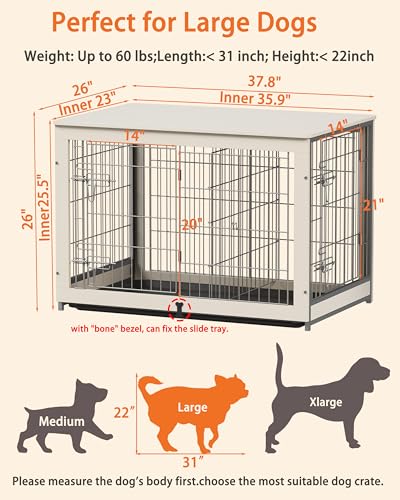 Piskyet Wooden Dog Crate Furniture with Divider Panel, Dog Crate End Table with Fixable Slide Tray, Double Doors Dog Kennel Indoor for Large Piskyet