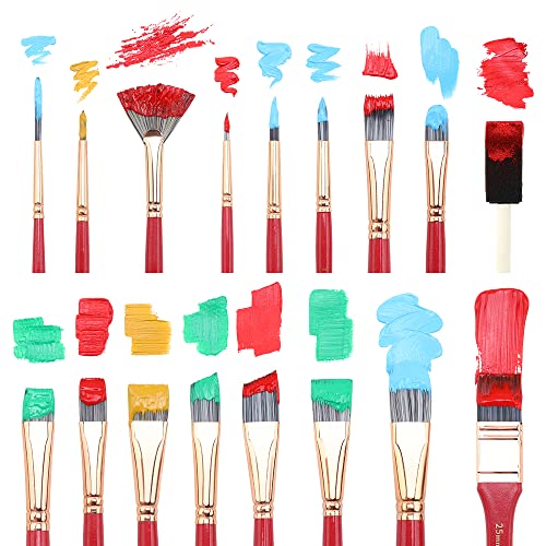 Transon Art Paint Brush Kit 16 Paint Brushes with Foam Brush Sponge Spatula and Brush Case for Oil, Acrylic, Watercolor, Gouache, Painting Pink Color TRANSON