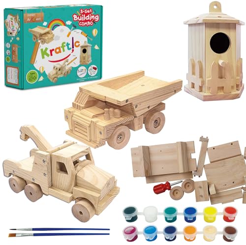 Kraftic Woodworking Building Kit for Kids and Adults, with 3 Educational DIY Carpentry Construction Wood Model Kit Toy Projects for Boys and Girls - Tow Truck, Birdhouse and Dump Truck