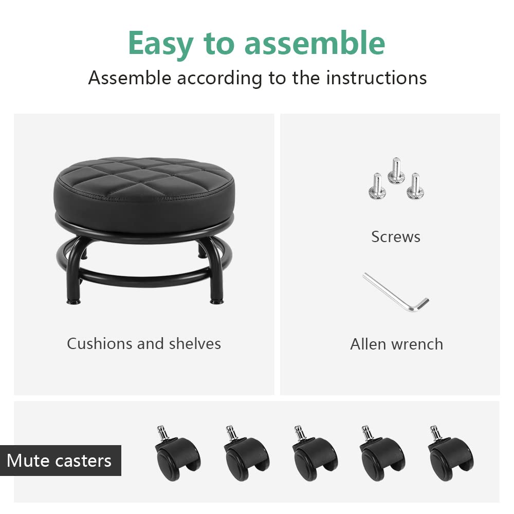 FURWOO Low Roller Seat PU Leather Rolling Stool Step Stool Mechanic Stool on Wheels for Home Office Garage Shop Black FURWOO