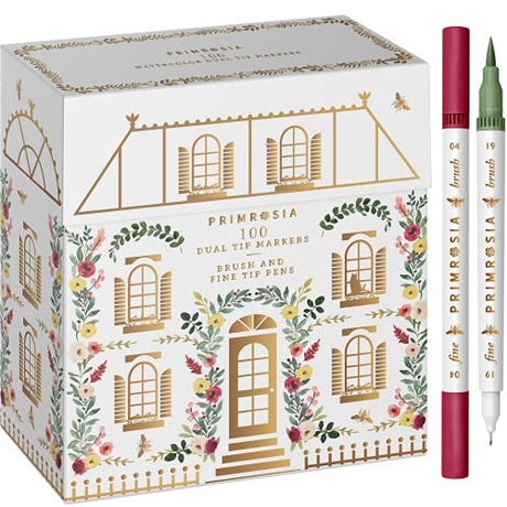 Primrosia 100 Dual Tip Marker Pens, Fineliner and Watercolor Brush Pens for Art Sketching Illustration Calligraphy or Journals Drawing Coloring Primrosia