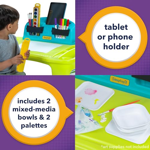 Simplay3 Creative Kids Art Desk Table and Chair Set with Attached Desk Chair, Full Floor and Art Storage Simplay3