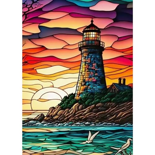 SJUTOUCI Diamond Painting Kits for Adults, Stained Glass Lighthouse Diamond Art Kits for Beginners, DIY Sunset Full Drill Tree Gem Art for Home Wall - WoodArtSupply