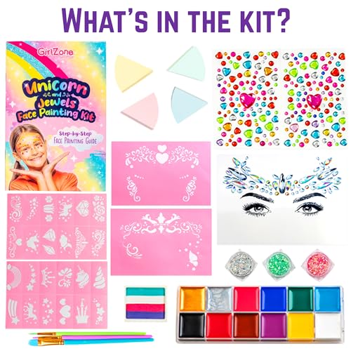 GirlZone Unicorn and Jewels Face Painting Kit, Amazing Face Paint Set with Face Gems, Brushes, Face Paint Stencils and a Kids Face Paint Lookbook to GirlZone