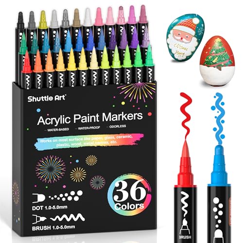 Shuttle Art 36 Colors Dual Tip Acrylic Paint Markers, Brush Tip and Dot Tip Acrylic Paint Pens for Rock Painting, Ceramic, Wood, Canvas, Plastic,