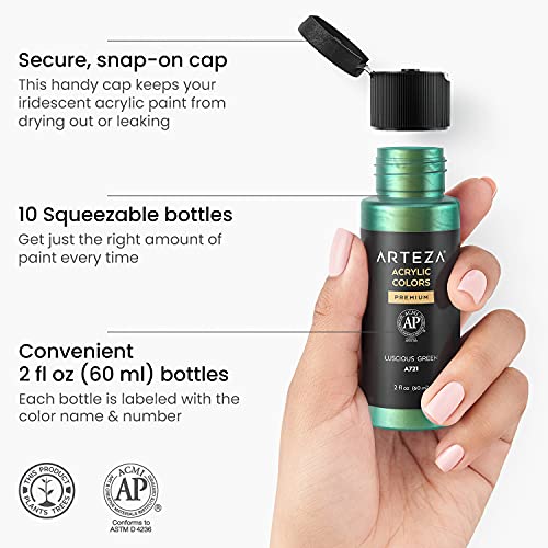 ARTEZA Iridescent Acrylic Paint, Set of 10 Dreamer Colors, 2 oz/60ml Bottles, High Viscosity Shimmer, Water-Based, Blendable Paints, Art Supplies for ARTEZA