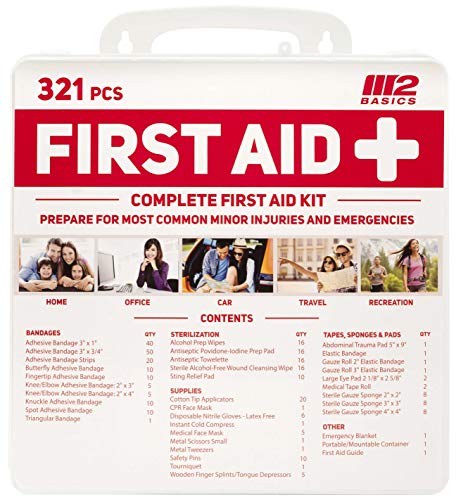 M2 BASICS Complete 321 Piece Emergency First Aid Kit | Business & Home Medical Supplies | Wall Mountable Hard Case | Office, Car, Travel, School, - WoodArtSupply