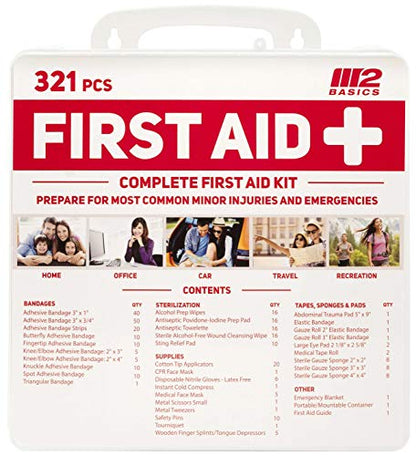 M2 BASICS Complete 321 Piece Emergency First Aid Kit | Business & Home Medical Supplies | Wall Mountable Hard Case | Office, Car, Travel, School, - WoodArtSupply