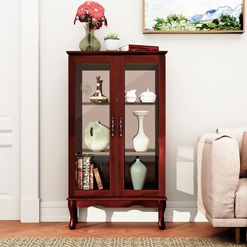 Dolonm Curio Cabinet with Tempered Glass Doors, Curio Cabinets with Mirrored Back Panel and Adjustable Shelves, Lighted Display Cabinet for Home, Dolonm