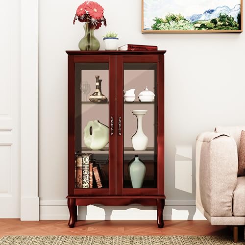 Dolonm Curio Cabinet with Tempered Glass Doors, Curio Cabinets with Mirrored Back Panel and Adjustable Shelves, Lighted Display Cabinet for Home,