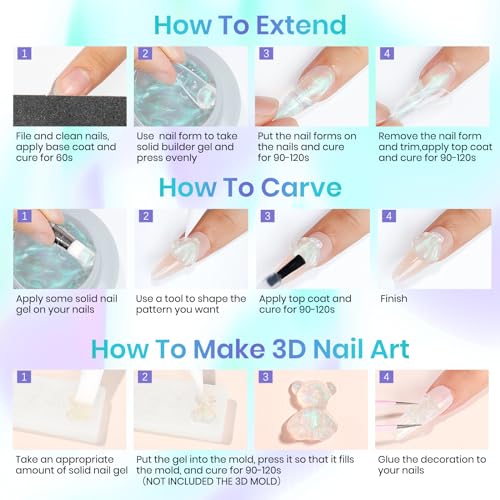 MIZHSE Solid Builder Gel – 2PCS 1oz Mermaid Pearl & Clear Hard Gel for Nails Kit with Nail Forms 3D Silicone Mold Soak-off U V 3D Nail Gel for Nail MIZHSE