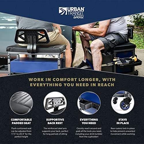 URBANTRANSIT The Beast Heavy Duty Shop Stool with Backrest - 500 Lb Capacity Rolling Stool for the Garage with Tool Storage, Cupholder and 360 Degree URBANTRANSIT