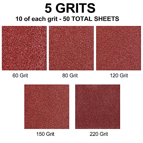 LotFancy Sanding Pads for Black and Decker Mouse Sanders, 50PCS 60 80 120 150 220 Grit Sandpaper Assortment - 12 Hole Hook and Loop Detail Palm LotFancy