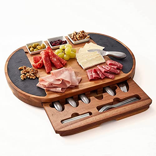 Premium Oval Charcuterie Board Cheese Board Set: Acacia Wood, Stainless Steel Knives - Christmas Gifts for Women, House Warming Gifts Ideas, New Real Life Living