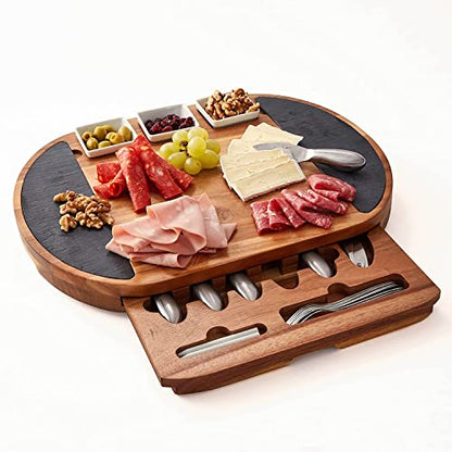 Premium Oval Charcuterie Board Cheese Board Set: Acacia Wood, Stainless Steel Knives - Christmas Gifts for Women, House Warming Gifts Ideas, New