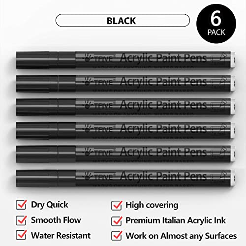 Black Marker Paint Pens - 6 Pack Acrylic Black Permanent Marker, 0.7mm Extra Fine Tip Paint Pen for Art projects, Drawing, Rock Painting, Stone, TFIVE