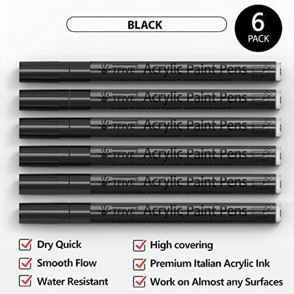 Black Marker Paint Pens - 6 Pack Acrylic Black Permanent Marker, 0.7mm Extra Fine Tip Paint Pen for Art projects, Drawing, Rock Painting, Stone, - WoodArtSupply