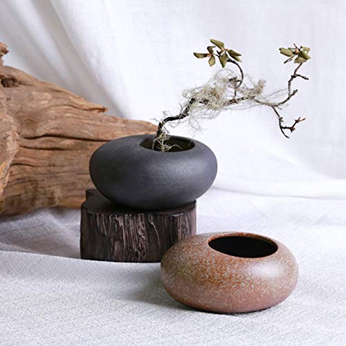 WANDIC Flower Arrangement Vase Kit, Black Pebble Ceramic Planter Pot with 4cm Kenzan Flower Frog Pottery Floral Arranging Pin Needle Holder for Desk - WoodArtSupply