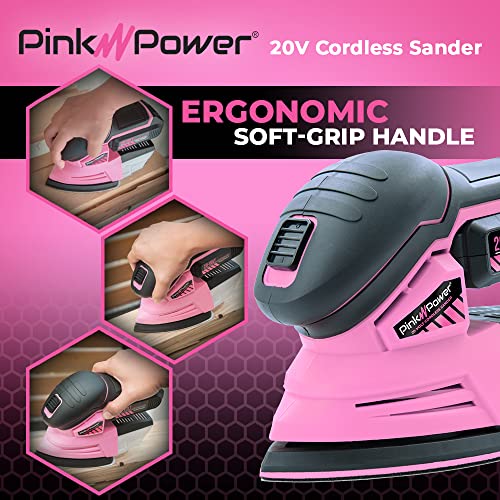Pink Power Detail Sander for Woodworking 20V Cordless Electric Hand Sander for Wood Furniture - Mini Palm Sander Tool with Sandpaper, Li-Ion Battery Pink Power