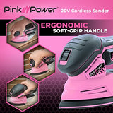 Pink Power Detail Sander for Woodworking 20V Cordless Electric Hand Sander for Wood Furniture - Mini Palm Sander Tool with Sandpaper, Li-Ion Battery Pink Power