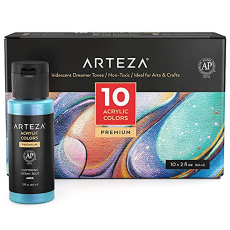 ARTEZA Iridescent Acrylic Paint, Set of 10 Dreamer Colors, 2 oz/60ml Bottles, High Viscosity Shimmer, Water-Based, Blendable Paints, Art Supplies for ARTEZA