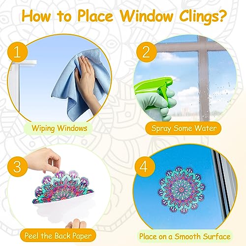 Meiikun 10 Pcs Mandala Window Clings, Color Your Own Stained Glass Mandala Art Kit with Markers, Window Stickers for Bird Strikes Window Decals for