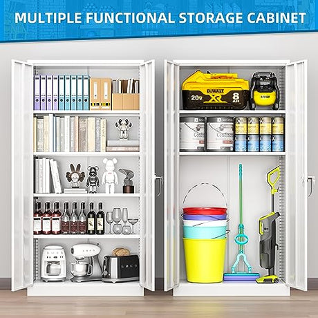 Superday Metal Storage Cabinets, 71" Steel Storage Cabinet with Lock, Tall White Cabinet with 2 Doors and 4 Adjustable Shelves for Garage, Home Superday
