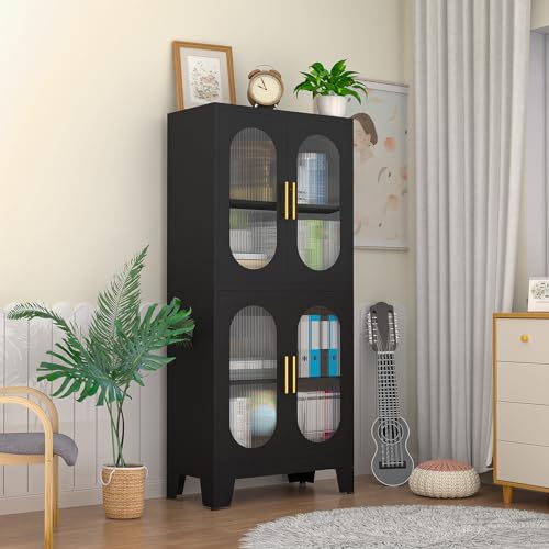 RISTERN Black Metal Storage Cabinet, Kitchen Pantry Storage Cabinet with Doors and 3 Shelves(2 Adjustable), Floor Office Storage Cabinet for Kitchen, RISTERN