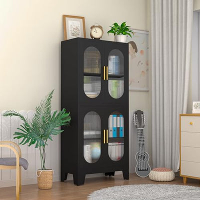 RISTERN Black Metal Storage Cabinet, Kitchen Pantry Storage Cabinet with Doors and 3 Shelves(2 Adjustable), Floor Office Storage Cabinet for Kitchen,
