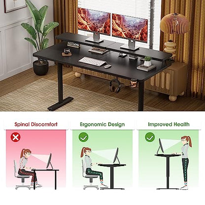 Shahoo Electric Standing Desk with Monitor Shelf, 55 x 24 Inches Height Adjustable Corner Table, Computer Workstation with Cup Holder and Hook for - WoodArtSupply